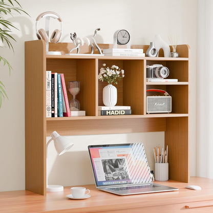 Desktop Bookshelf, Countertop Storage Hutch with 4 Shelves for Computer Desk, 2-Tier Display Rack, Multipurpose Wood Desk Hutch Storage Organizer for Home Office Dorm, White