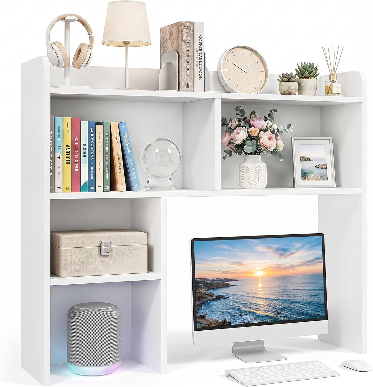 Desktop Bookshelf, Countertop Storage Hutch with 4 Shelves for Computer Desk, 2-Tier Display Rack, Multipurpose Wood Desk Hutch Storage Organizer for Home Office Dorm, White