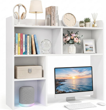 Desktop Bookshelf, Countertop Storage Hutch with 4 Shelves for Computer Desk, 2-Tier Display Rack, Multipurpose Wood Desk Hutch Storage Organizer for Home Office Dorm, White