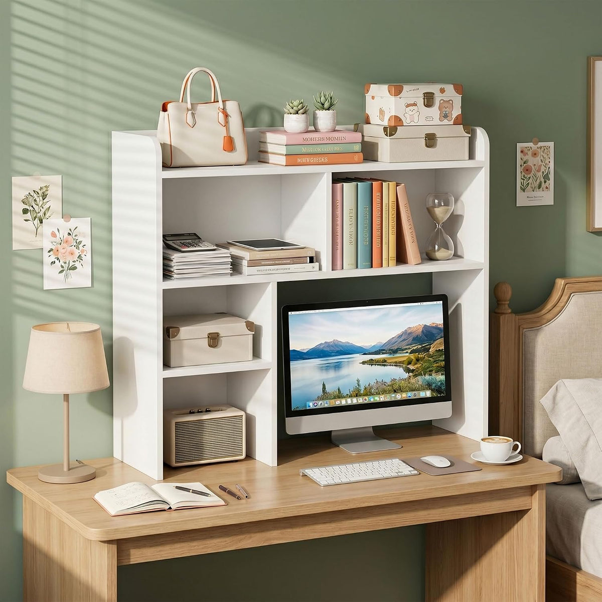 Desktop Bookshelf, Countertop Storage Hutch with 4 Shelves for Computer Desk, 2-Tier Display Rack, Multipurpose Wood Desk Hutch Storage Organizer for Home Office Dorm, White