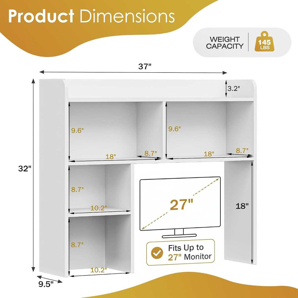 Desktop Bookshelf, Countertop Storage Hutch with 4 Shelves for Computer Desk, 2-Tier Display Rack, Multipurpose Wood Desk Hutch Storage Organizer for Home Office Dorm, White