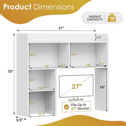 Desktop Bookshelf, Countertop Storage Hutch with 4 Shelves for Computer Desk, 2-Tier Display Rack, Multipurpose Wood Desk Hutch Storage Organizer for Home Office Dorm, White