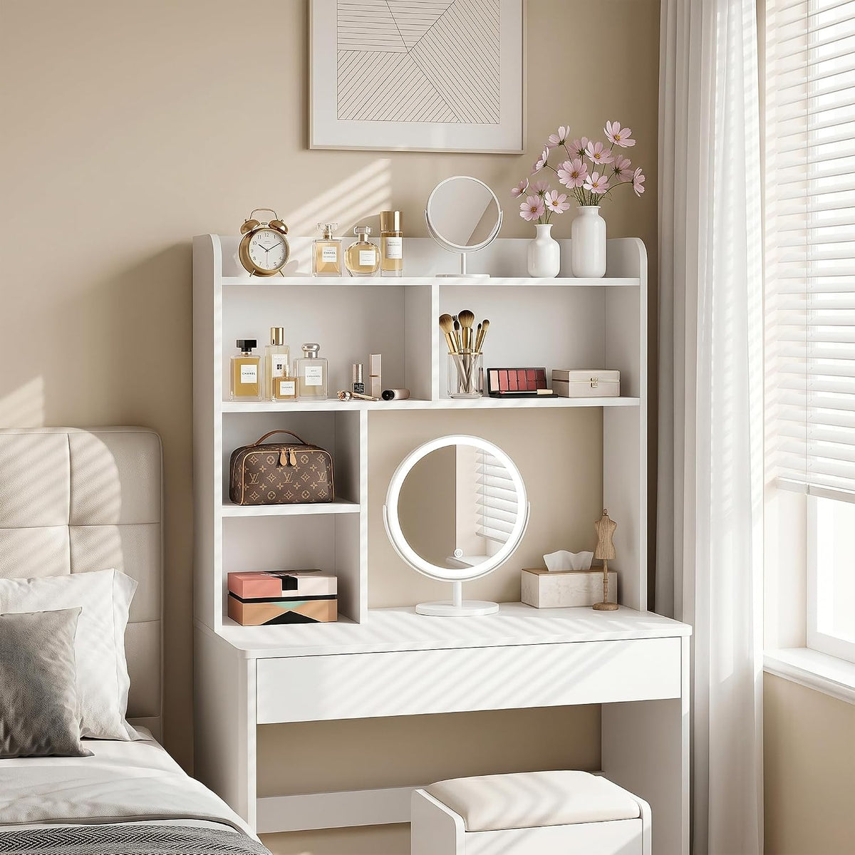 Desktop Bookshelf, Countertop Storage Hutch with 4 Shelves for Computer Desk, 2-Tier Display Rack, Multipurpose Wood Desk Hutch Storage Organizer for Home Office Dorm, White