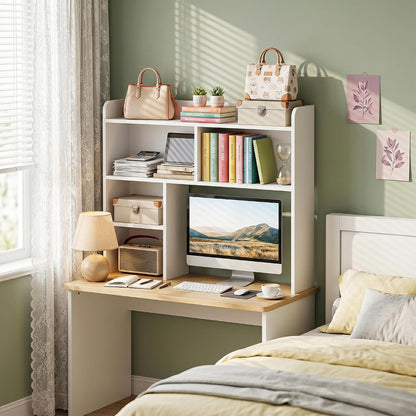 Desktop Bookshelf, Countertop Storage Hutch with 4 Shelves for Computer Desk, 2-Tier Display Rack, Multipurpose Wood Desk Hutch Storage Organizer for Home Office Dorm, White