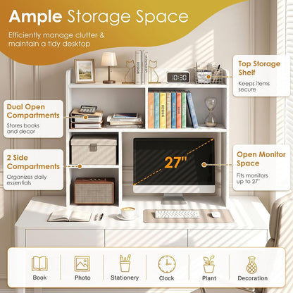 Desktop Bookshelf, Countertop Storage Hutch with 4 Shelves for Computer Desk, 2-Tier Display Rack, Multipurpose Wood Desk Hutch Storage Organizer for Home Office Dorm, White