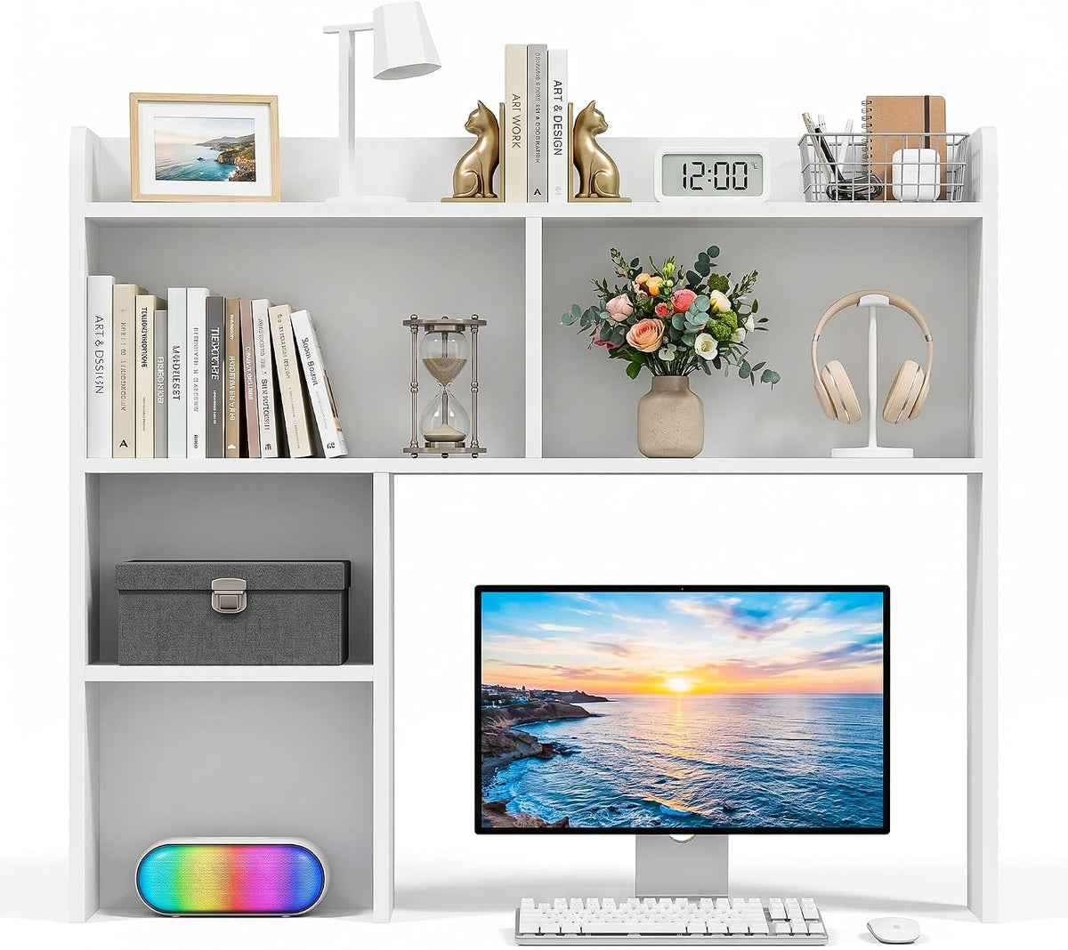 Desktop Bookshelf, Countertop Storage Hutch with 4 Shelves for Computer Desk, 2-Tier Display Rack, Multipurpose Wood Desk Hutch Storage Organizer for Home Office Dorm, White