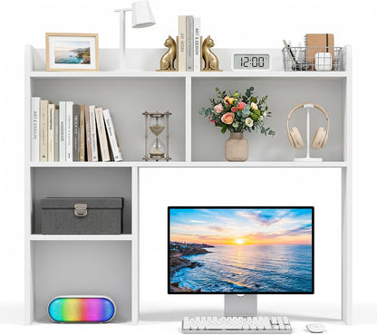 Desktop Bookshelf, Countertop Storage Hutch with 4 Shelves for Computer Desk, 2-Tier Display Rack, Multipurpose Wood Desk Hutch Storage Organizer for Home Office Dorm, White