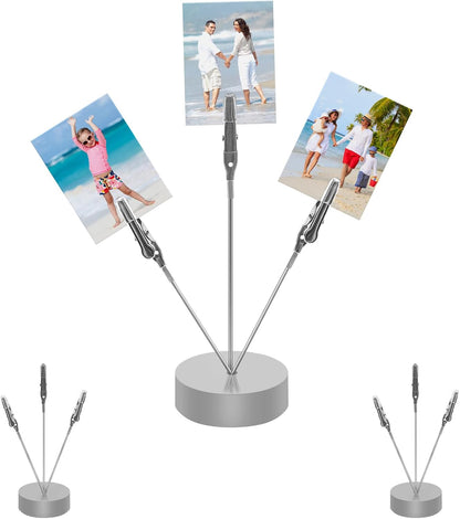 3 Pack 3-Branch Desktop Photo Tree Holder Clip Round Base Silver