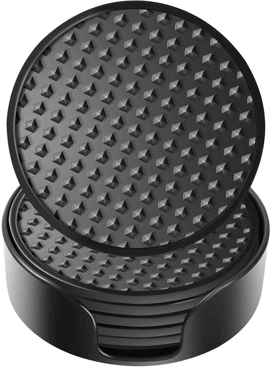 Silicone Coasters 6 Pack with Holder, Drink Coasters Set for Hot & Cold at Bar, Desk, Tabletop-Protection, Round Cup Mat Non-Slip for Any Cups, Thickened Non-Stick Deep Tray Coffee Table Decor,Black