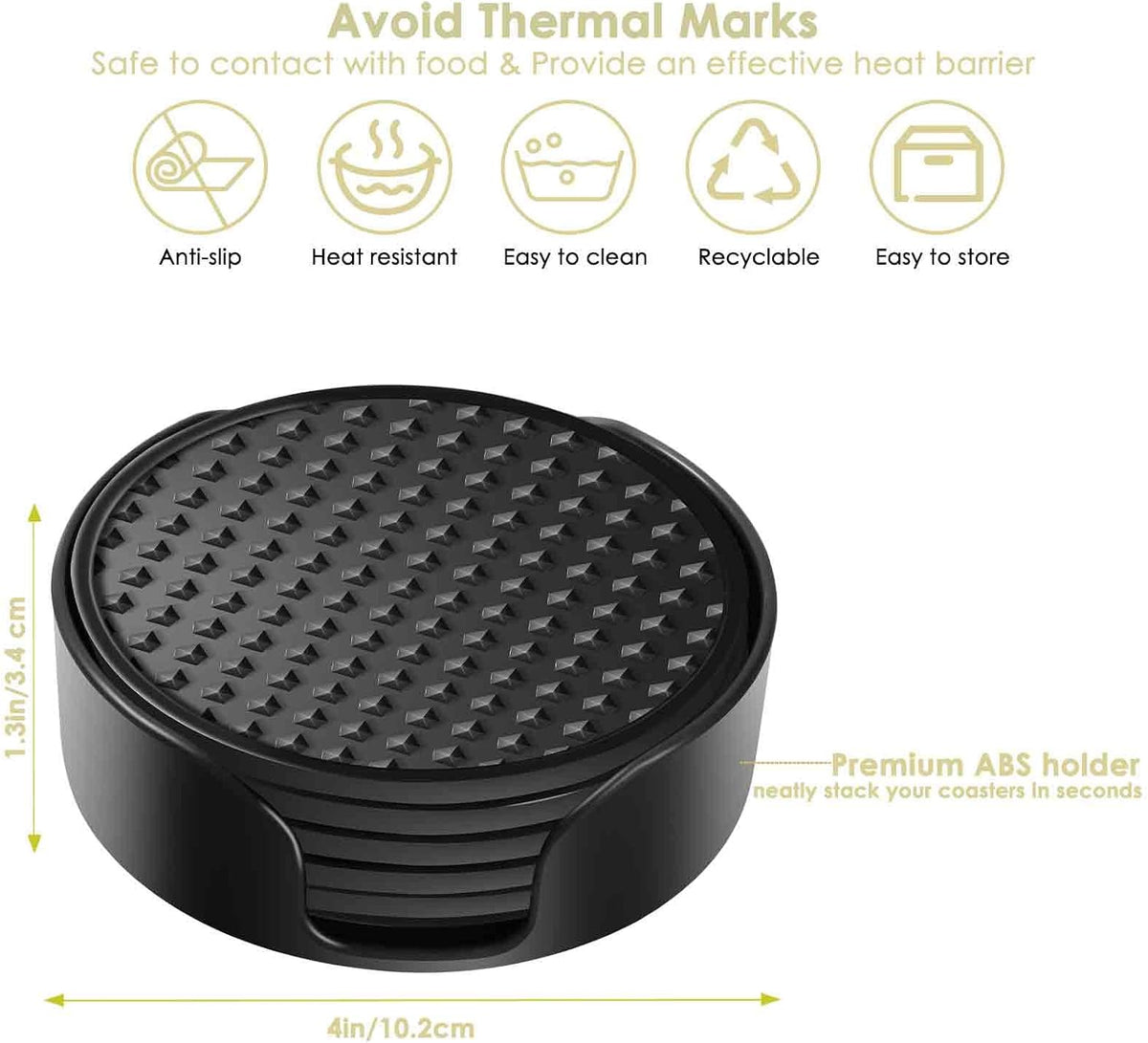 Silicone Coasters 6 Pack with Holder, Drink Coasters Set for Hot & Cold at Bar, Desk, Tabletop-Protection, Round Cup Mat Non-Slip for Any Cups, Thickened Non-Stick Deep Tray Coffee Table Decor,Black