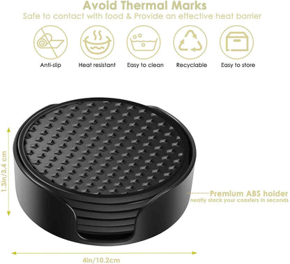 Silicone Coasters 6 Pack with Holder, Drink Coasters Set for Hot & Cold at Bar, Desk, Tabletop-Protection, Round Cup Mat Non-Slip for Any Cups, Thickened Non-Stick Deep Tray Coffee Table Decor,Black