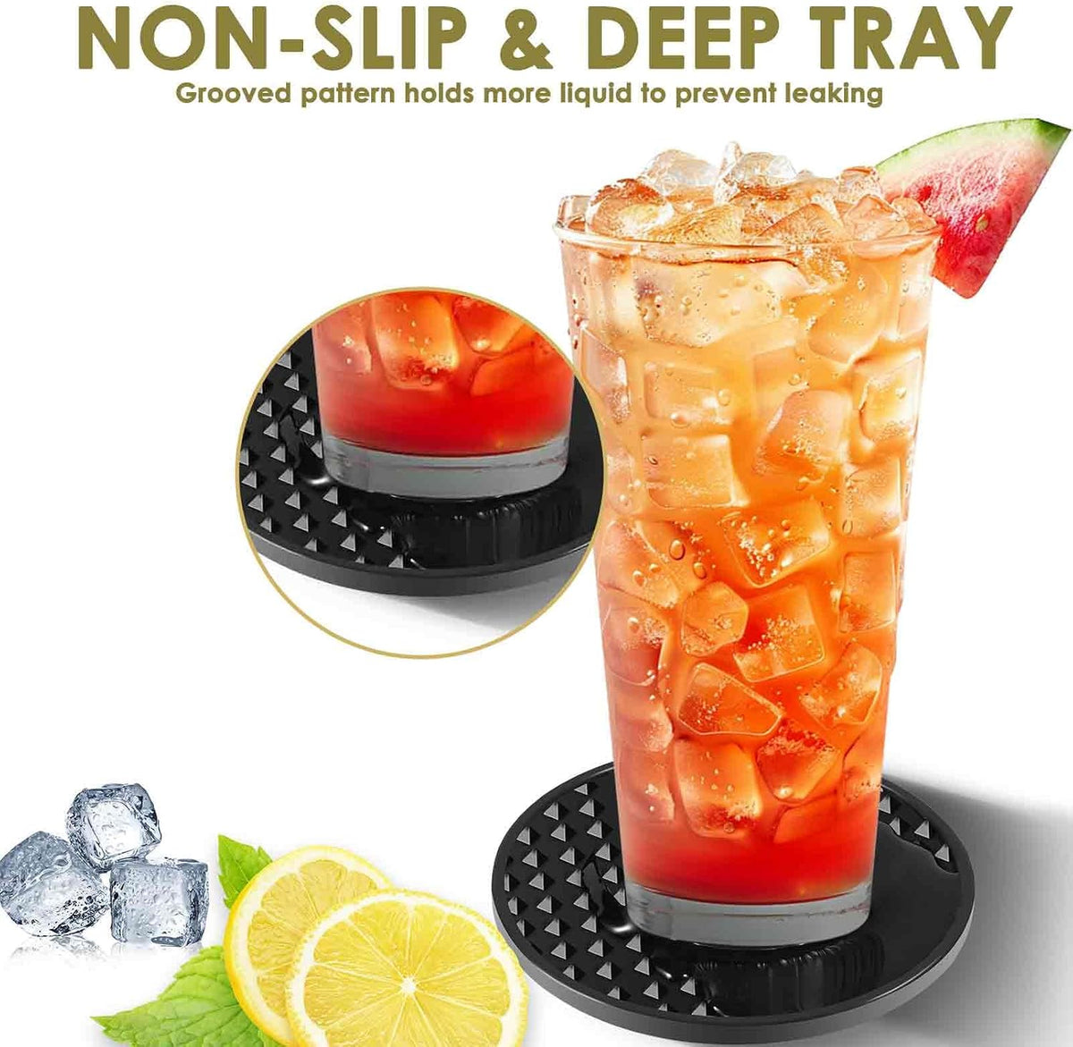 Silicone Coasters 6 Pack with Holder, Drink Coasters Set for Hot & Cold at Bar, Desk, Tabletop-Protection, Round Cup Mat Non-Slip for Any Cups, Thickened Non-Stick Deep Tray Coffee Table Decor,Black