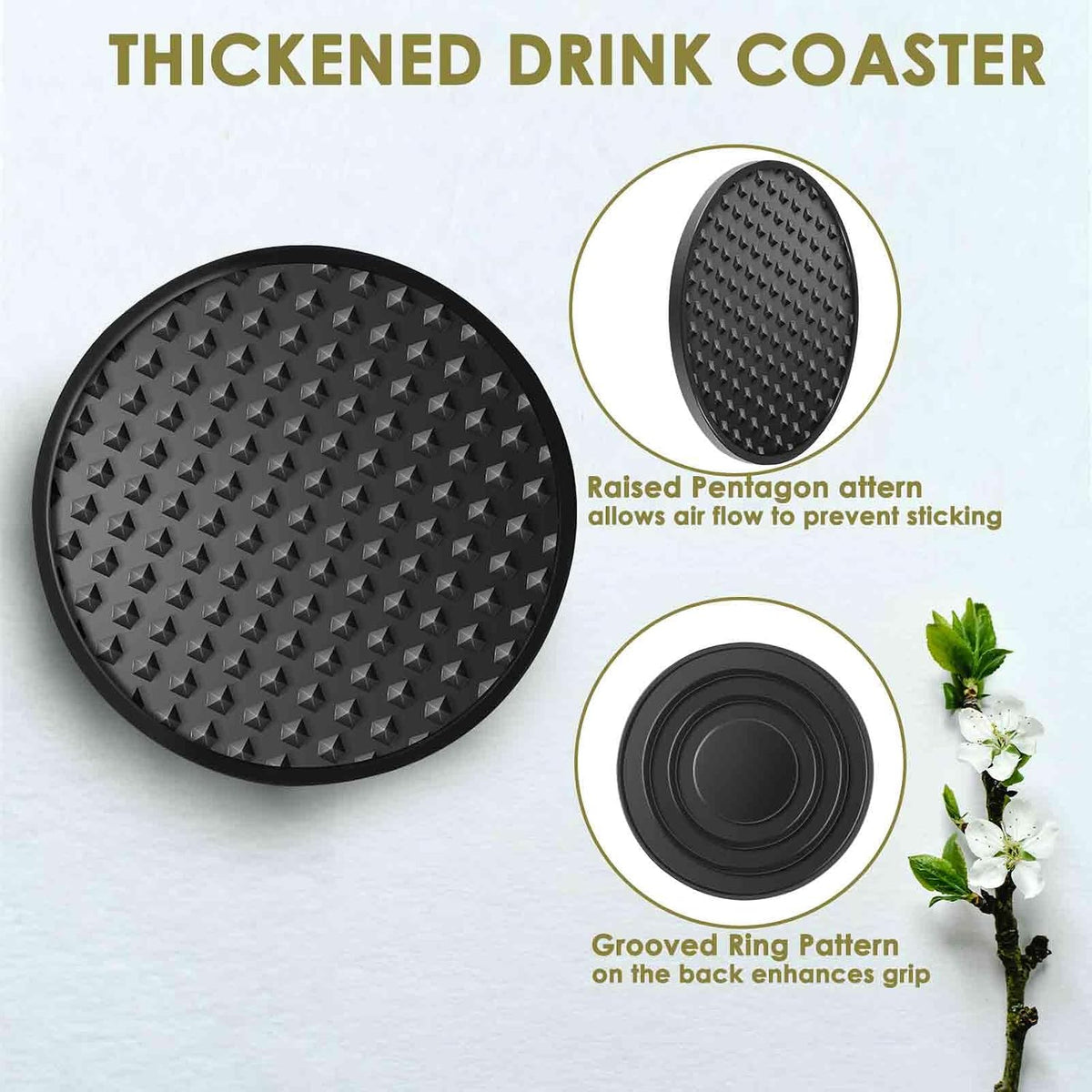 Silicone Coasters 6 Pack with Holder, Drink Coasters Set for Hot & Cold at Bar, Desk, Tabletop-Protection, Round Cup Mat Non-Slip for Any Cups, Thickened Non-Stick Deep Tray Coffee Table Decor,Black