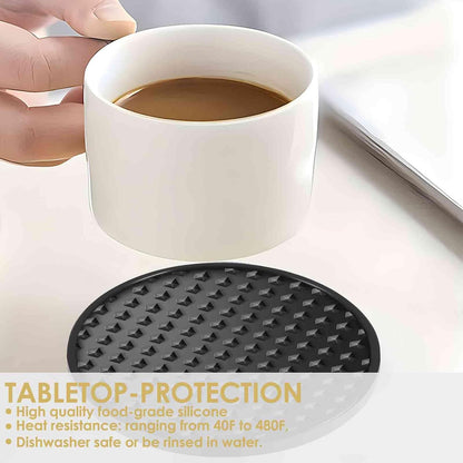 Silicone Coasters 6 Pack with Holder, Drink Coasters Set for Hot & Cold at Bar, Desk, Tabletop-Protection, Round Cup Mat Non-Slip for Any Cups, Thickened Non-Stick Deep Tray Coffee Table Decor,Black