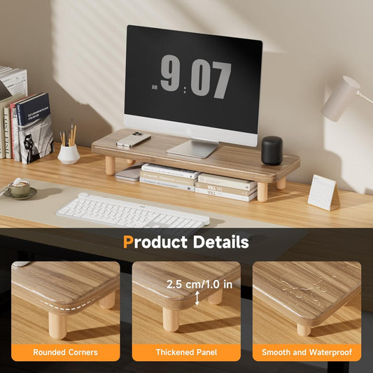 Monitor Stand Riser, 24 Inch Wood Desk Organizer with Monitor Stand & Storage Computer Monitor and Laptop Riser Multifunctional Laptop Stand Desk Organizer for Office Home Screen/Laptop/PC (Light Walnut)