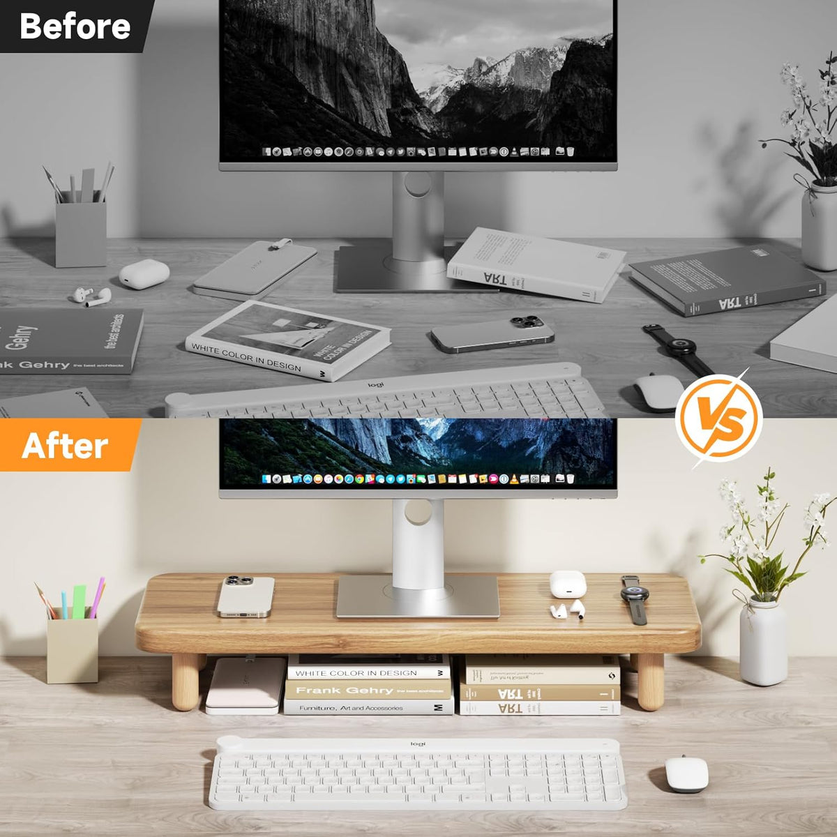 Monitor Stand Riser, 24 Inch Wood Desk Organizer with Monitor Stand & Storage Computer Monitor and Laptop Riser Multifunctional Laptop Stand Desk Organizer for Office Home Screen/Laptop/PC (Light Walnut)