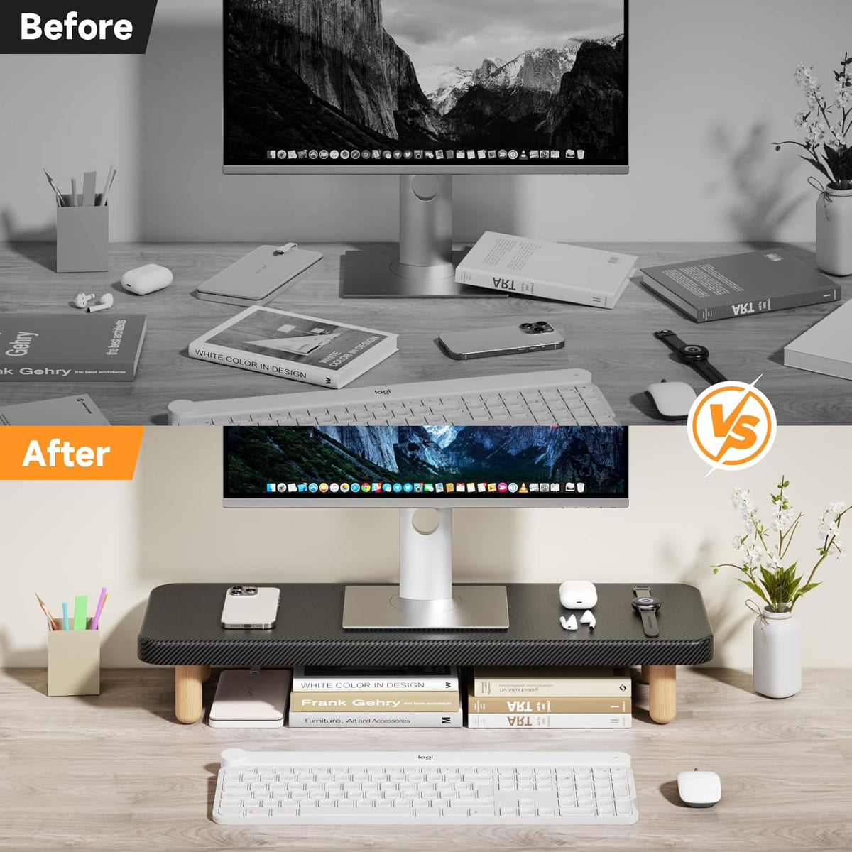 Monitor Stand Riser, 24 Inch Wood Desk Organizer with Monitor Stand & Storage Computer Monitor and Laptop Riser Multifunctional Laptop Stand Desk Organizer for Office Home Screen/Laptop/PC (Light Walnut)
