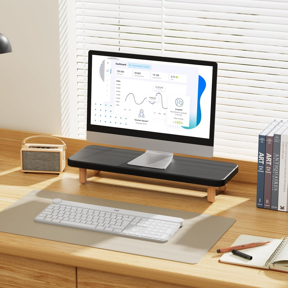 Monitor Stand Riser, 24 Inch Wood Desk Organizer with Monitor Stand & Storage Computer Monitor and Laptop Riser Multifunctional Laptop Stand Desk Organizer for Office Home Screen/Laptop/PC (Light Walnut)