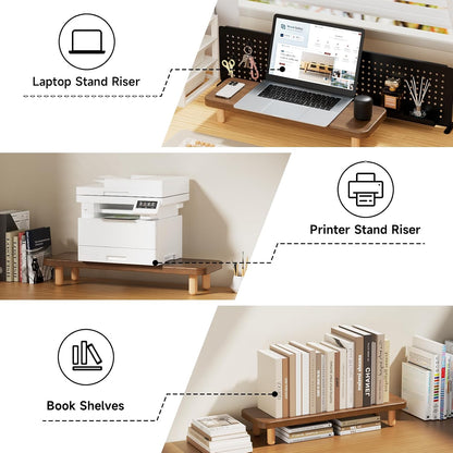 Monitor Stand Riser, 24 Inch Wood Desk Organizer with Monitor Stand & Storage Computer Monitor and Laptop Riser Multifunctional Laptop Stand Desk Organizer for Office Home Screen/Laptop/PC (Light Walnut)