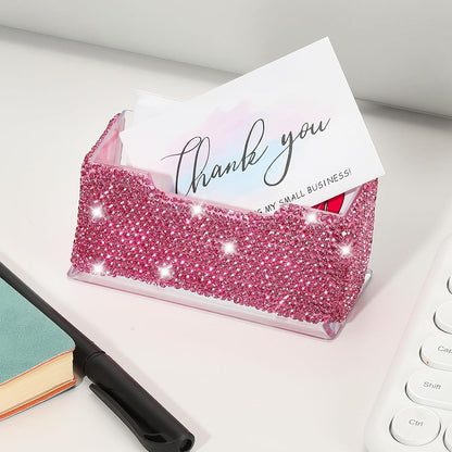 Rhinestone Business Card Holder, Crystal Business Card Holders Bling Business Card Organizer Display Stand for Desktop Desk Office Exhibition, Pink
