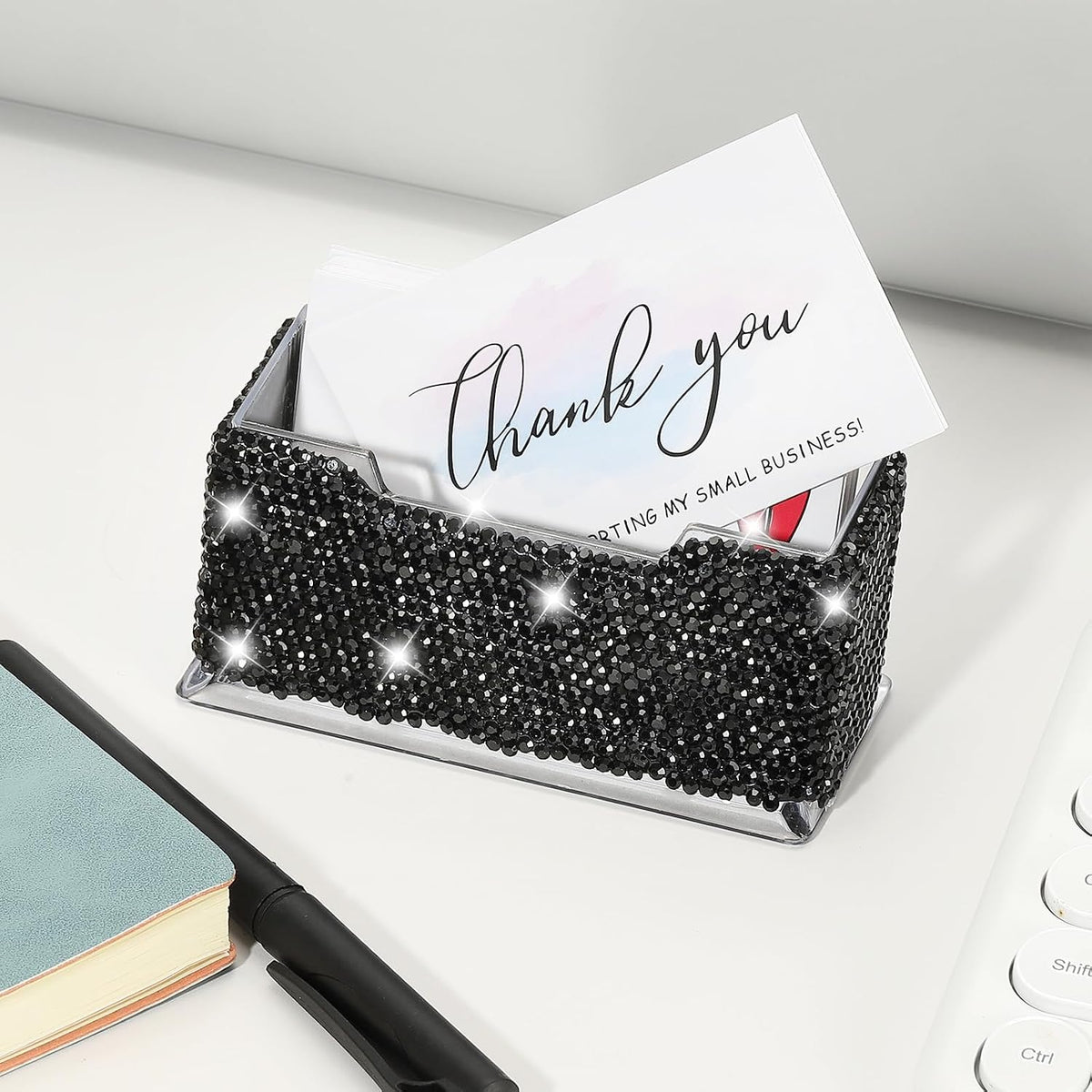 Rhinestone Business Card Holder, Crystal Business Card Holders Bling Business Card Organizer Display Stand for Desktop Desk Office Exhibition, Pink