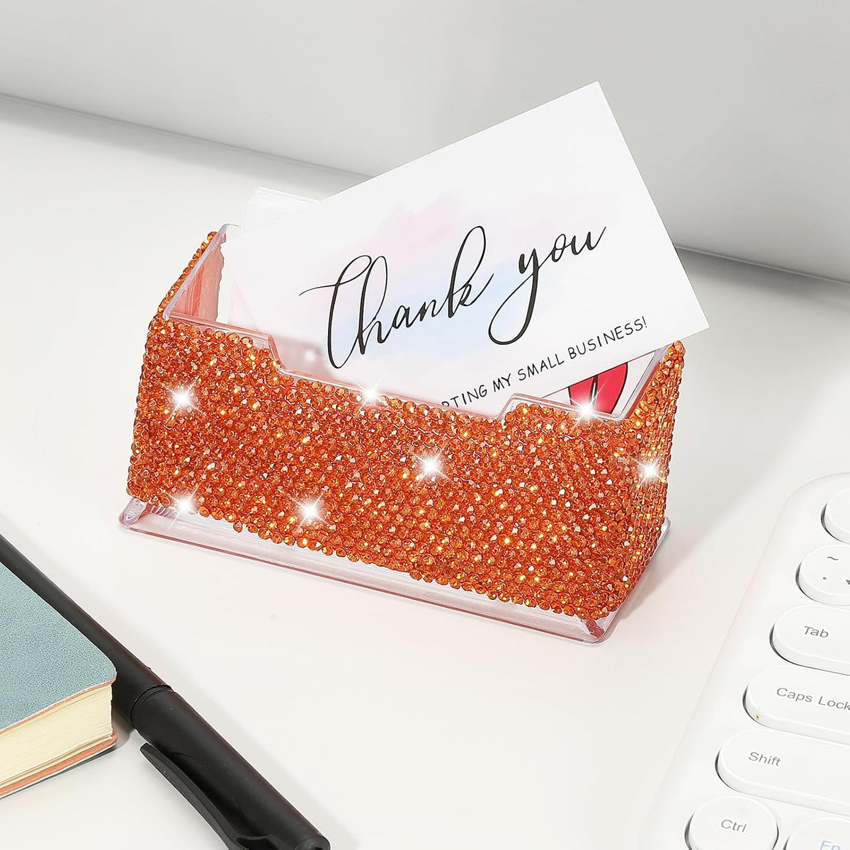 Rhinestone Business Card Holder, Crystal Business Card Holders Bling Business Card Organizer Display Stand for Desktop Desk Office Exhibition, Pink