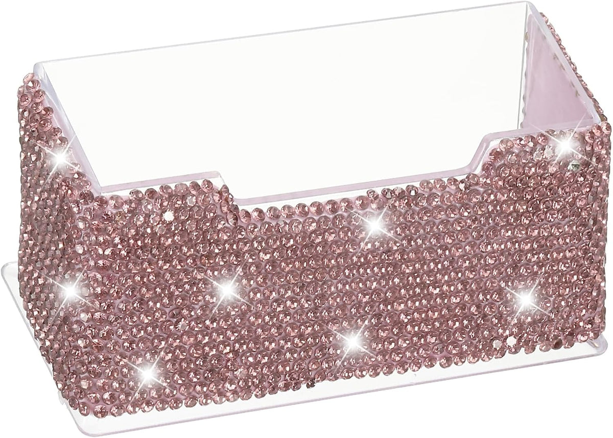 Rhinestone Business Card Holder, Crystal Business Card Holders Bling Business Card Organizer Display Stand for Desktop Desk Office Exhibition, Pink