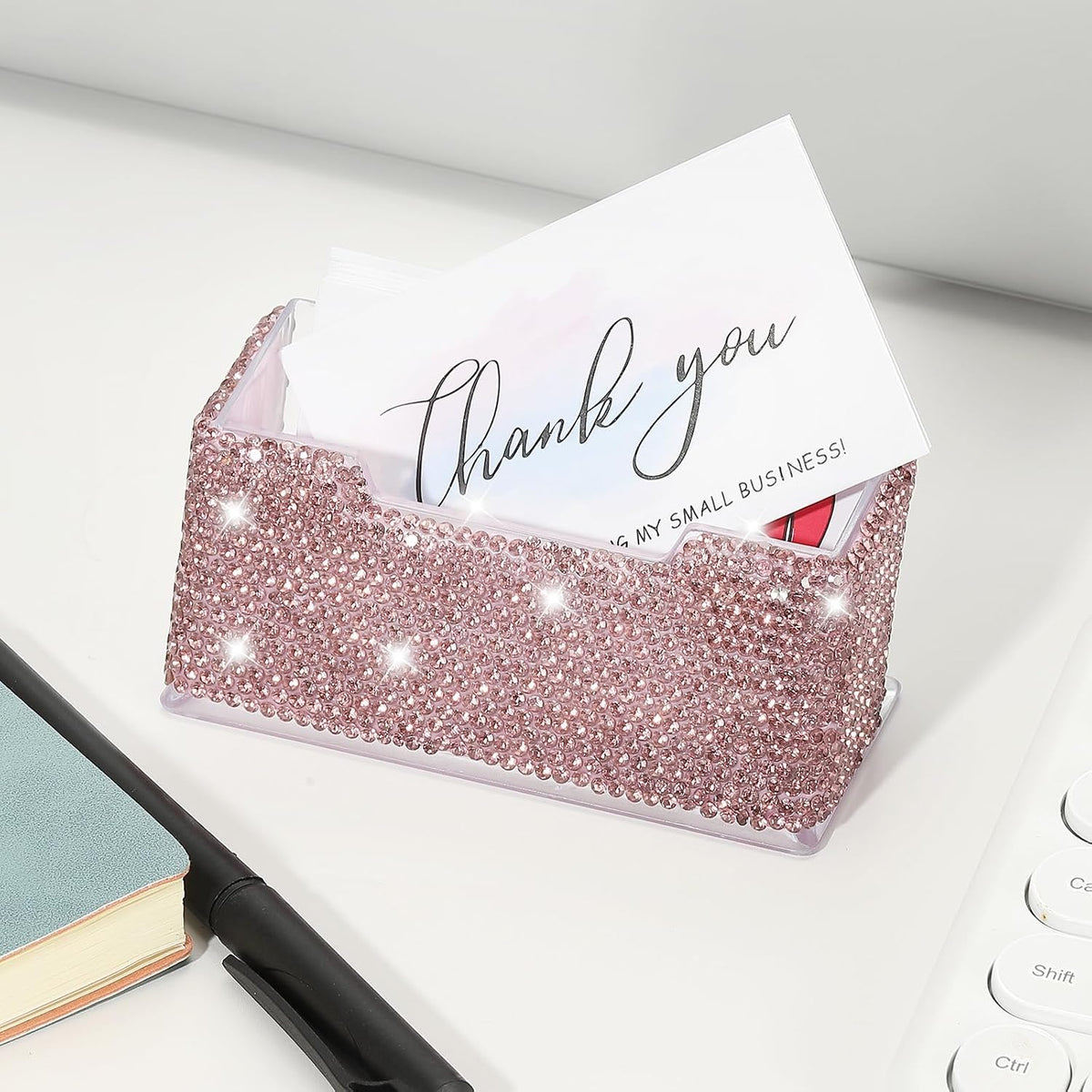 Rhinestone Business Card Holder, Crystal Business Card Holders Bling Business Card Organizer Display Stand for Desktop Desk Office Exhibition, Pink