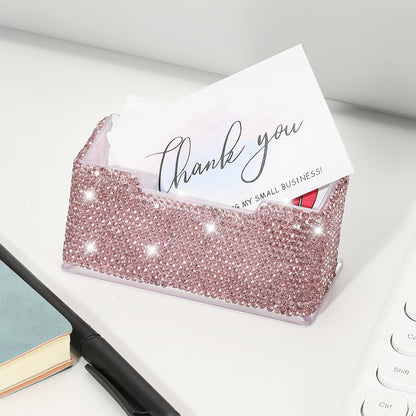 Rhinestone Business Card Holder, Crystal Business Card Holders Bling Business Card Organizer Display Stand for Desktop Desk Office Exhibition, Pink