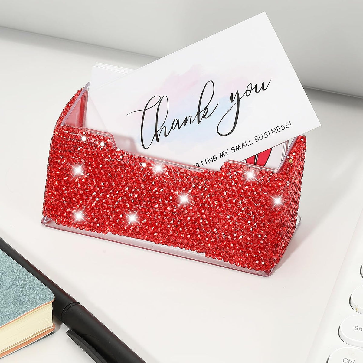 Rhinestone Business Card Holder, Crystal Business Card Holders Bling Business Card Organizer Display Stand for Desktop Desk Office Exhibition, Pink