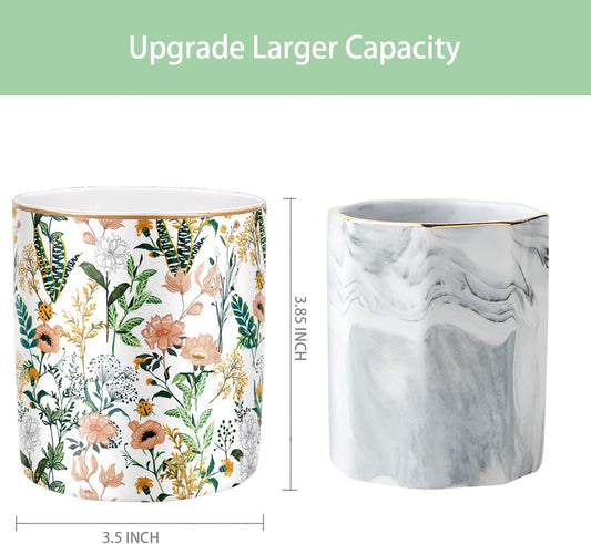 Large Capacity Colored Pen Holder for Desk, Ceramic Pencil Holder Pen Cup Marker Holder Makeup Brush Holders, Desk Accessories & Workspace Organizers for Home, Office, White Flower