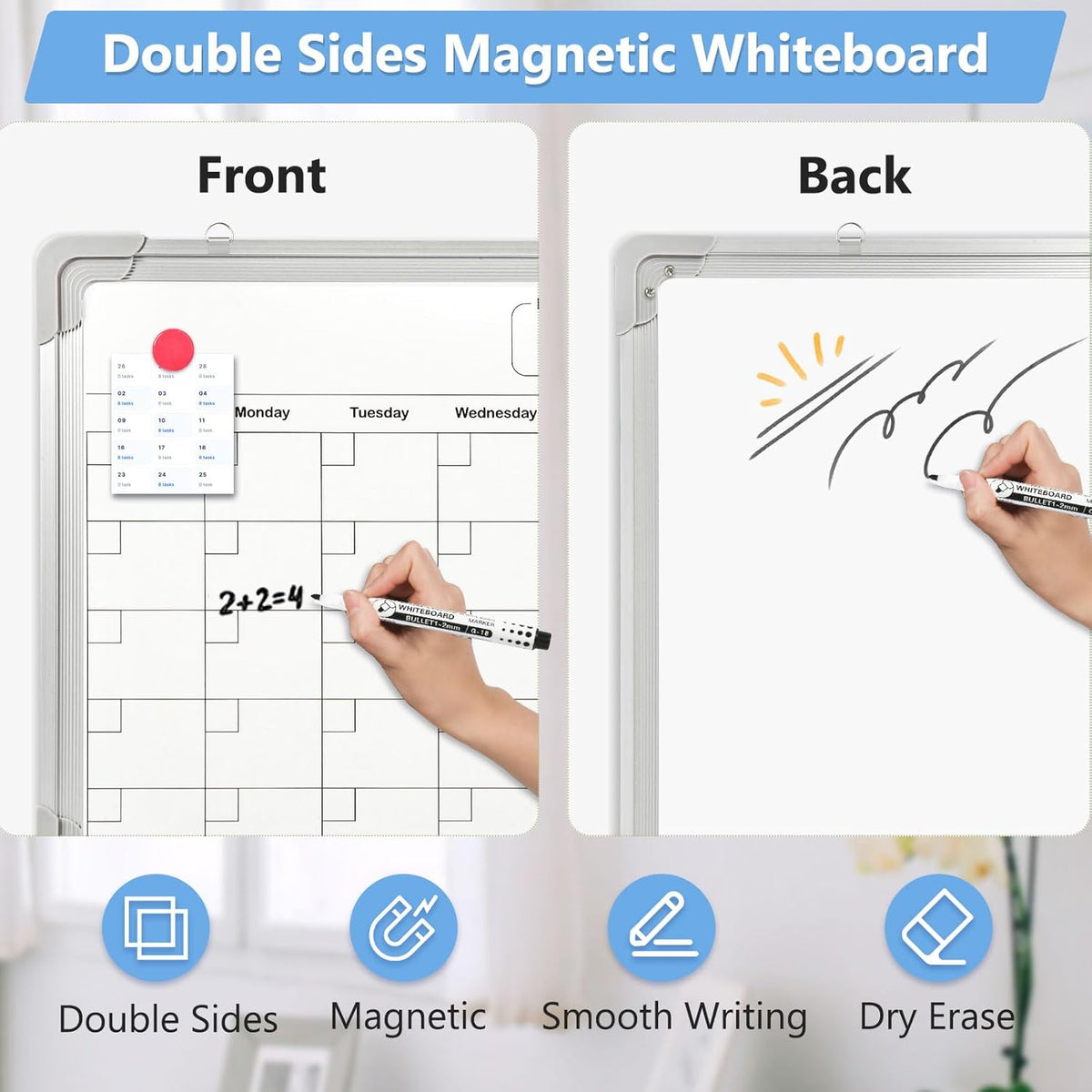 Double-Sided Magnetic Whiteboard Calendar for Wall, 16" x 12"