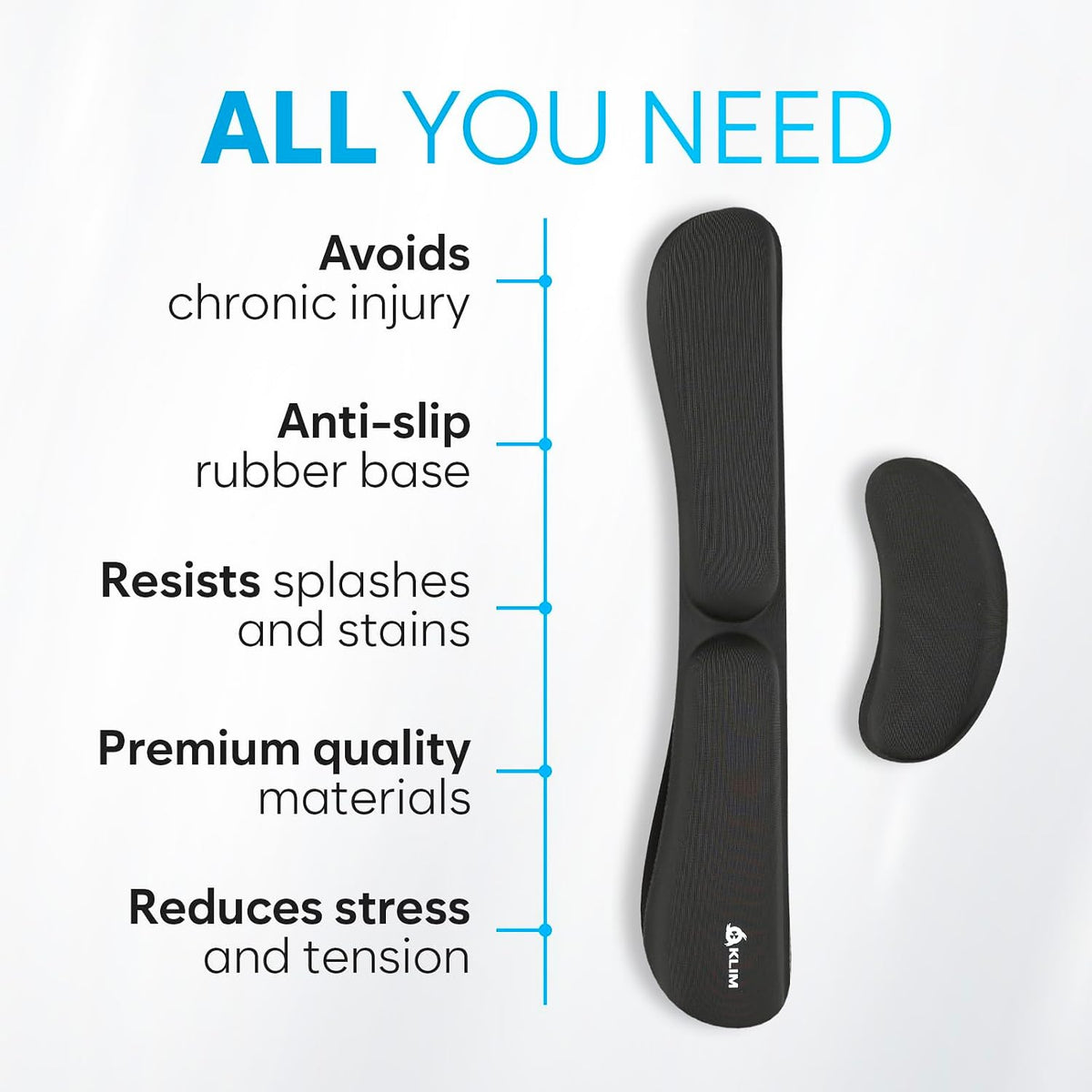 KLIM Mouse & Keyboard Wrist Rest Set - Silky Gel Memory Foam - Ergonomic Wrist Rest for Computer Keyboard, Wrist Pad for Keyboard + Wrist Rest for Mouse Gaming and Office - Pain Relief - Light Blue