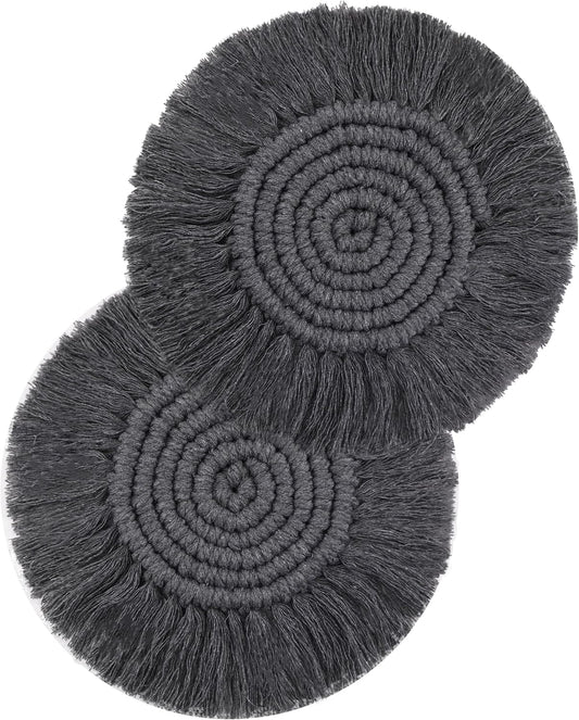 Boho Coasters Set of 2 for Drinks Absorbent, Macrame Cotton Coasters for Wooden Table Round Drink Coaster Set with Tassels Housewarming Gift Bar Coffee Table Office Desk Decor (Gray)