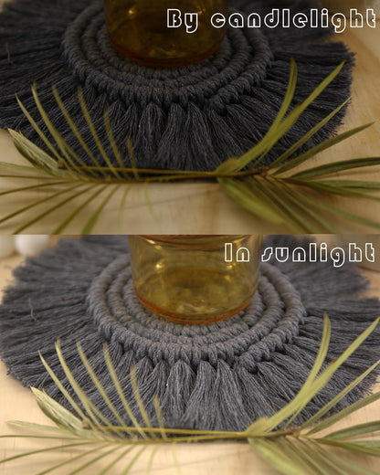 Boho Coasters Set of 2 for Drinks Absorbent, Macrame Cotton Coasters for Wooden Table Round Drink Coaster Set with Tassels Housewarming Gift Bar Coffee Table Office Desk Decor (Gray)
