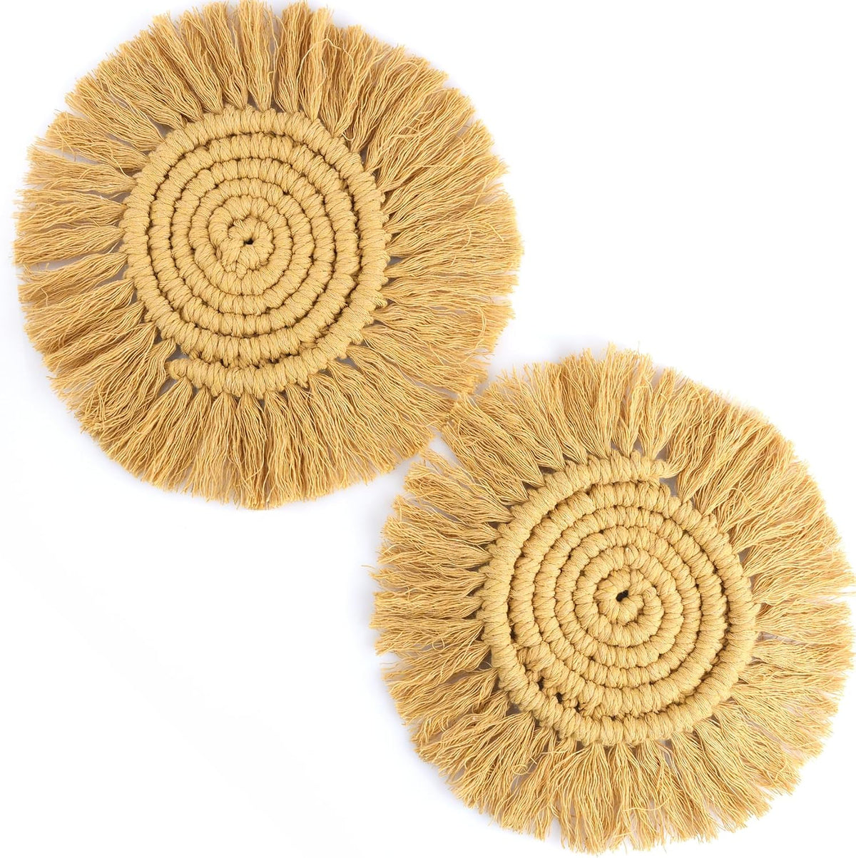 Boho Coasters Set of 2 for Drinks Absorbent, Macrame Cotton Coasters for Wooden Table Round Drink Coaster Set with Tassels Housewarming Gift Bar Coffee Table Office Desk Decor (Gray)