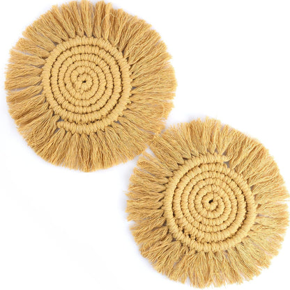 Boho Coasters Set of 2 for Drinks Absorbent, Macrame Cotton Coasters for Wooden Table Round Drink Coaster Set with Tassels Housewarming Gift Bar Coffee Table Office Desk Decor (Gray)