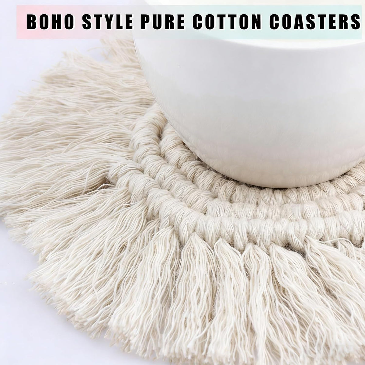 Boho Coasters Set of 2 for Drinks Absorbent, Macrame Cotton Coasters for Wooden Table Round Drink Coaster Set with Tassels Housewarming Gift Bar Coffee Table Office Desk Decor (Gray)