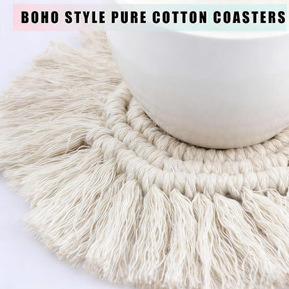 Boho Coasters Set of 2 for Drinks Absorbent, Macrame Cotton Coasters for Wooden Table Round Drink Coaster Set with Tassels Housewarming Gift Bar Coffee Table Office Desk Decor (Gray)
