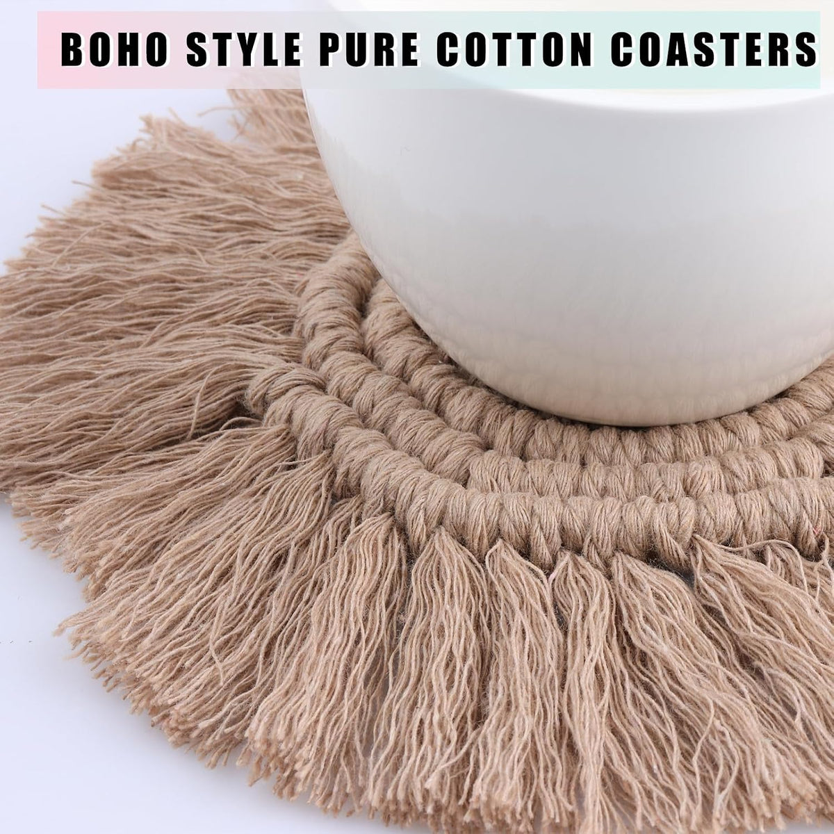 Boho Coasters Set of 2 for Drinks Absorbent, Macrame Cotton Coasters for Wooden Table Round Drink Coaster Set with Tassels Housewarming Gift Bar Coffee Table Office Desk Decor (Gray)