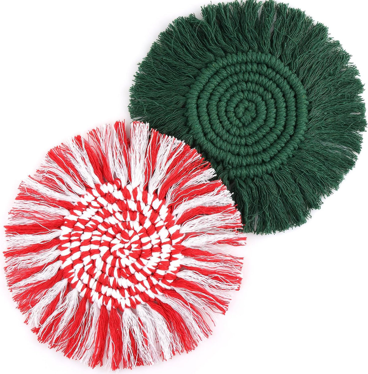 Boho Coasters Set of 2 for Drinks Absorbent, Macrame Cotton Coasters for Wooden Table Round Drink Coaster Set with Tassels Housewarming Gift Bar Coffee Table Office Desk Decor (Gray)