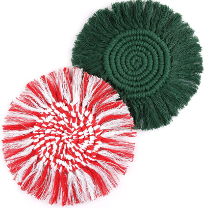 Boho Coasters Set of 2 for Drinks Absorbent, Macrame Cotton Coasters for Wooden Table Round Drink Coaster Set with Tassels Housewarming Gift Bar Coffee Table Office Desk Decor (Gray)