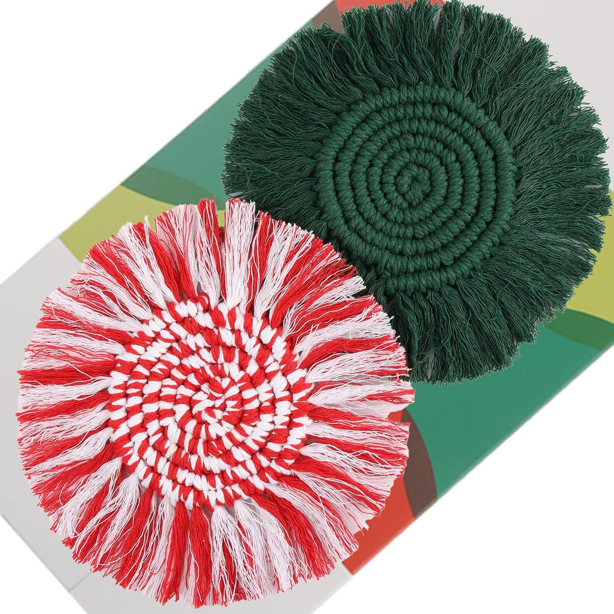 Boho Coasters Set of 2 for Drinks Absorbent, Macrame Cotton Coasters for Wooden Table Round Drink Coaster Set with Tassels Housewarming Gift Bar Coffee Table Office Desk Decor (Gray)