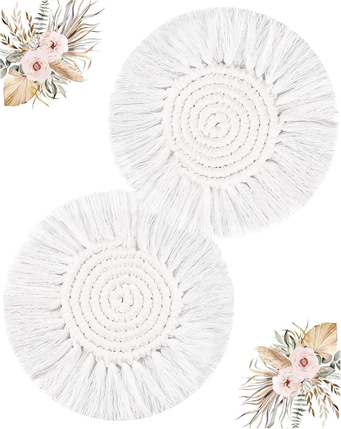 Boho Coasters Set of 2 for Drinks Absorbent, Macrame Cotton Coasters for Wooden Table Round Drink Coaster Set with Tassels Housewarming Gift Bar Coffee Table Office Desk Decor (Gray)