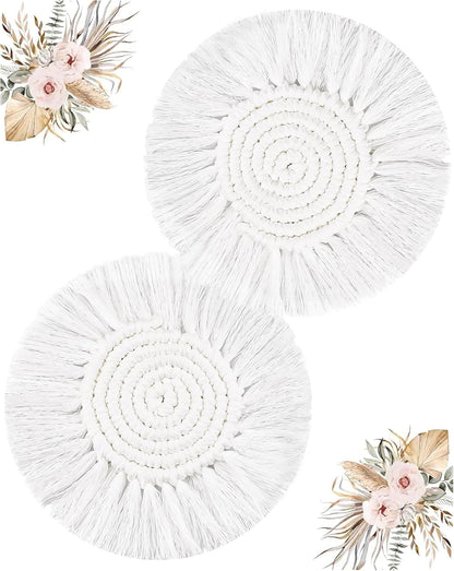 Boho Coasters Set of 2 for Drinks Absorbent, Macrame Cotton Coasters for Wooden Table Round Drink Coaster Set with Tassels Housewarming Gift Bar Coffee Table Office Desk Decor (Gray)