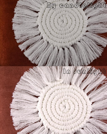 Boho Coasters Set of 2 for Drinks Absorbent, Macrame Cotton Coasters for Wooden Table Round Drink Coaster Set with Tassels Housewarming Gift Bar Coffee Table Office Desk Decor (Gray)