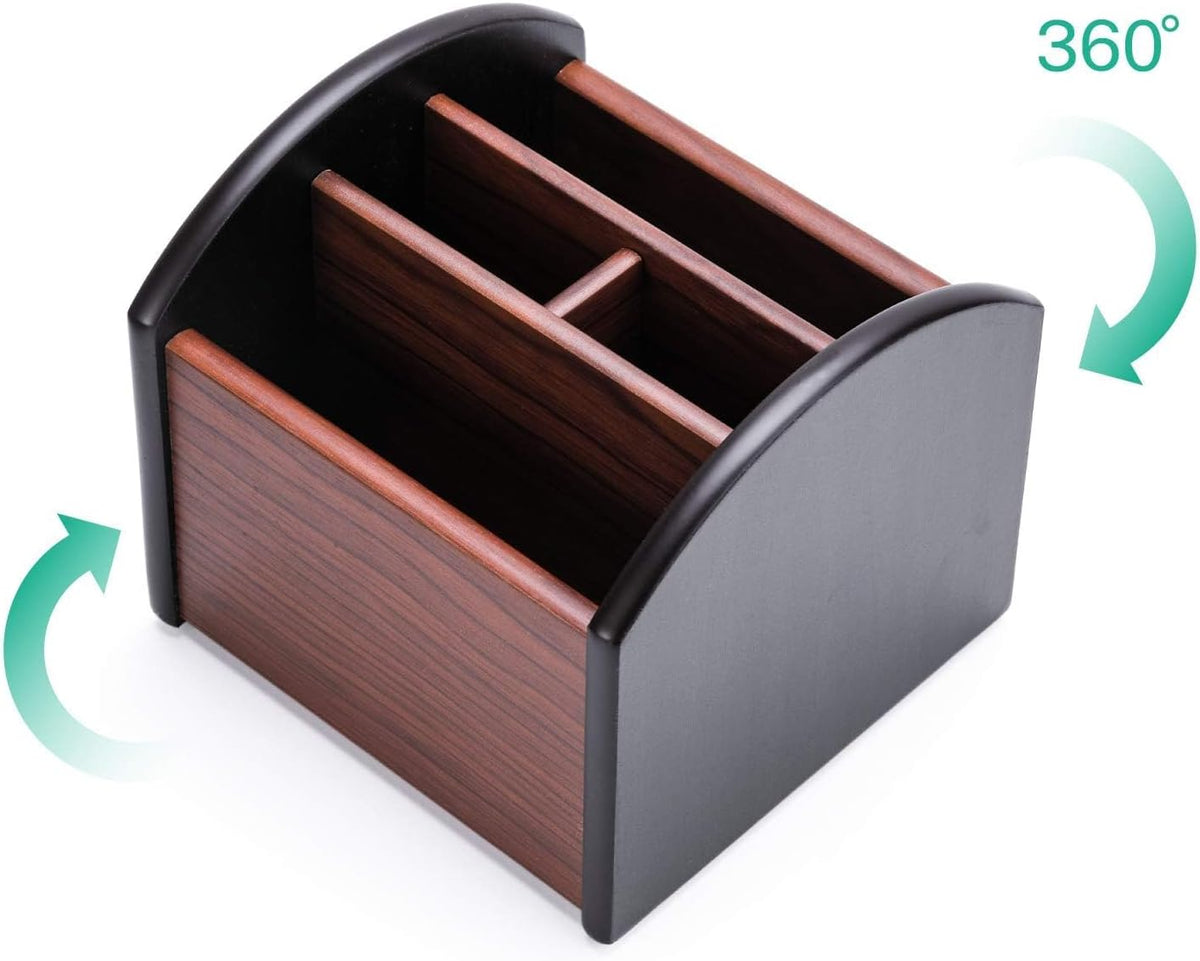 Remote Control Holder Caddy, Wooden Desk Organizer, 4 Compartments