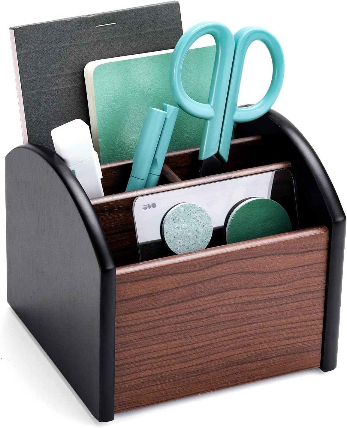 Remote Control Holder Caddy, Wooden Desk Organizer, 4 Compartments
