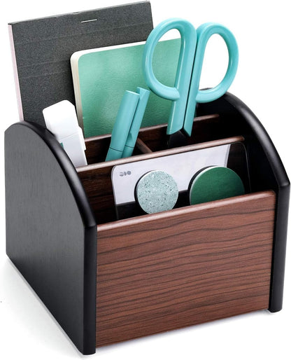 Remote Control Holder Caddy, Wooden Desk Organizer, 4 Compartments