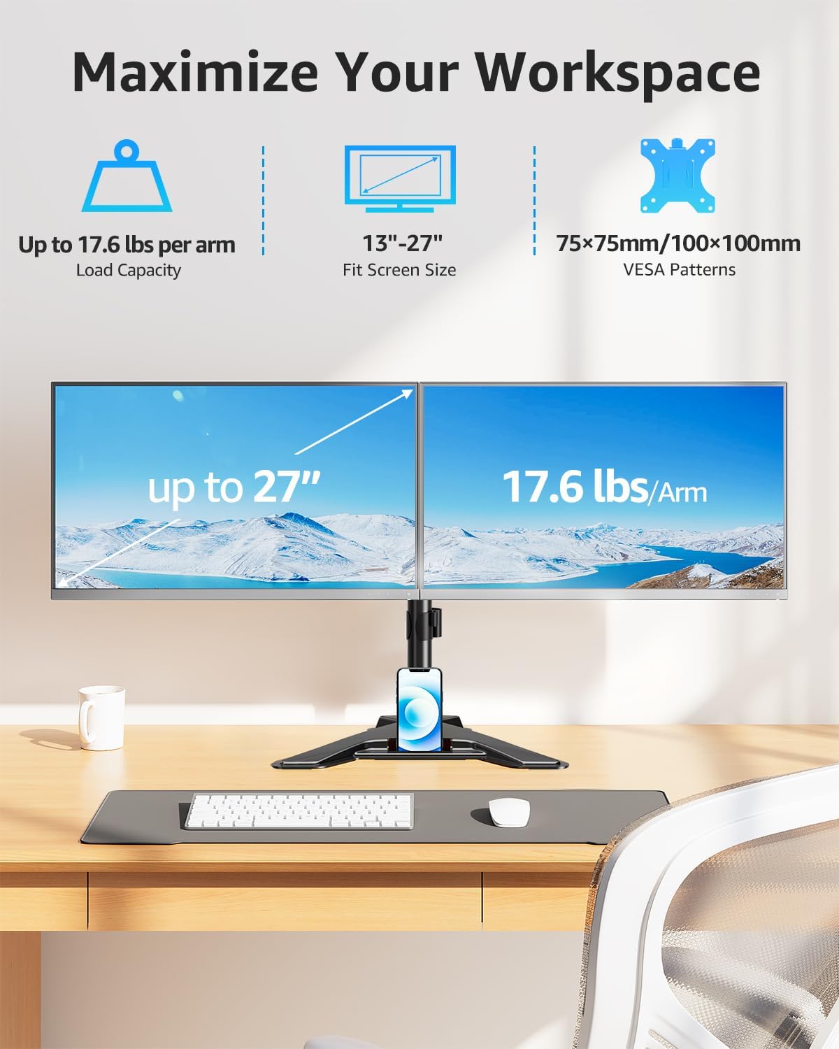 Dual Monitor Stand - Freestanding & Height Adjustable Monitor Desk Mount, Steady VESA Mount Holds Max 17.6 lbs, Computer Monitor Stand for 2 Screens up to 27 inches, For Home Office